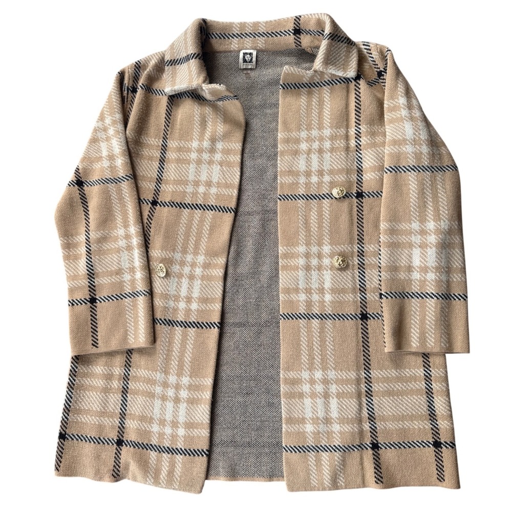 Anne Klein Plaid Knit Cardigan Coat Women Medium Tan Gold Button Good